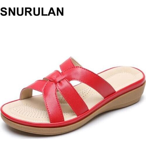 SNURULAN Women sandals summer2020woman wedge shoes woman comfortable wedge leather sandals slip on low heels Mules woman Sandal