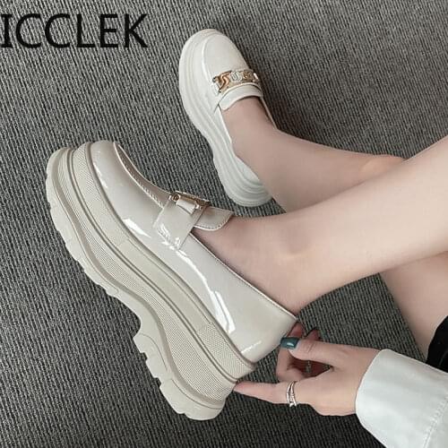 Platform Leather Shoes Women Chunky Thick Sole Round Toe Black Brown Pu Shallow Pure British Style Retro Slip-on Leisure Loafers