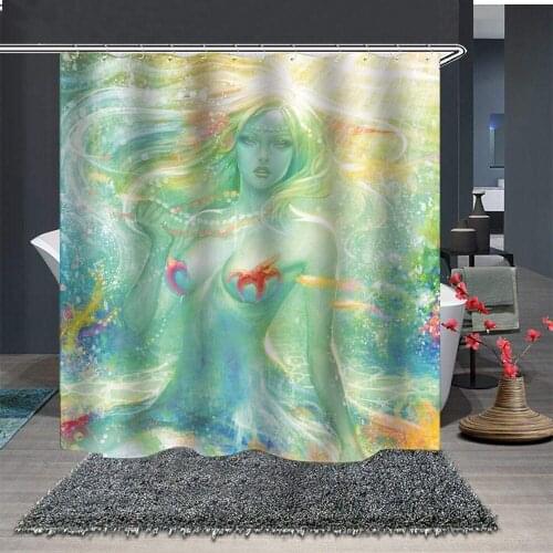 Unique Colorful Psychedelic Mermaid Girl Print Shower Curtain with 12 Hooks