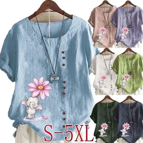 Womens New Fashion O-neck Cartoon Printed Short Sleeve Tops Loose Linen T-Shirt Casual Blouse S-5XL