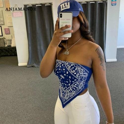 ANJAMANOR Cute Sexy Graphic Bandana Crop Top Women Clothing 2020 Summer Plus Size Women Off Shoulder Backless Tank Tops D13-AI10