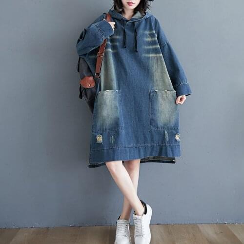 Korean big Size Denim Dress For Women Autumn Dress 2020 New Vintage Hoodie Big Pocket Jeans Dress Oversize Korean Denim Dresses