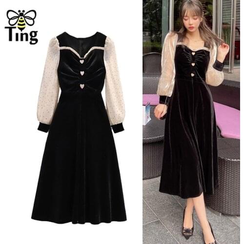 Tingfly Women Vintage Elegant Black A Line Midi Dress Sweet Girl Velvet Heart Love Button Decor Casual Dress Vestidos Korean New