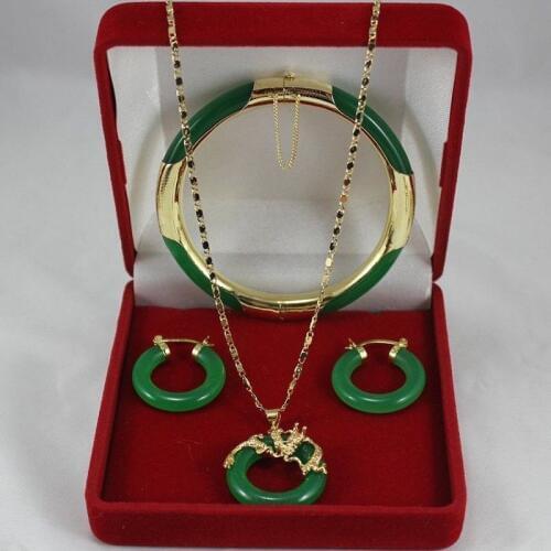 Free shipping New style Natural noble jewelry>>>>4Color!Green Red Purple stone Black stone Bangle Earring Dragon Pendant Set