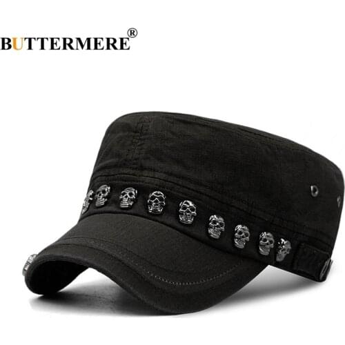 BUTTERMERE Cotton Military Hat Men Black Punk Rock Flat Cap Women Skull Rivet Army Caps Casual Autumn Classic Sailor Hats Male