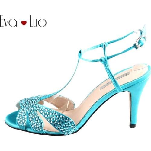 CHS337 Custom Handmade T-Strap Turquoise Crystal Satin Women High Heels Shoes Dress Sandals Bridal Wedding Shoes