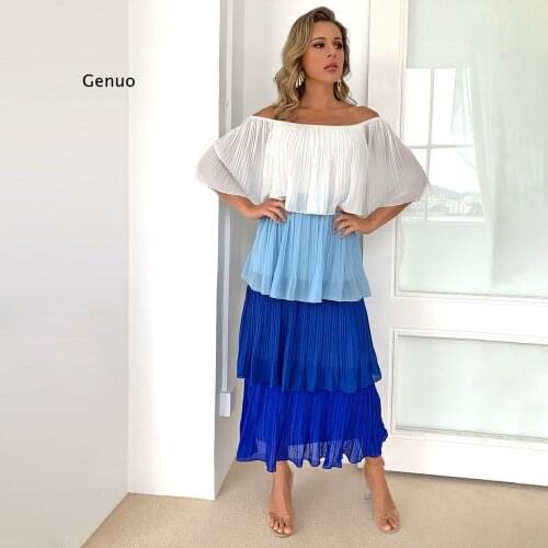 Color Block Chiffon Elegant Dress Women Off Shoulder Cascading Ruffle Loose Midi Dresses Summer Party Beach Vestidos