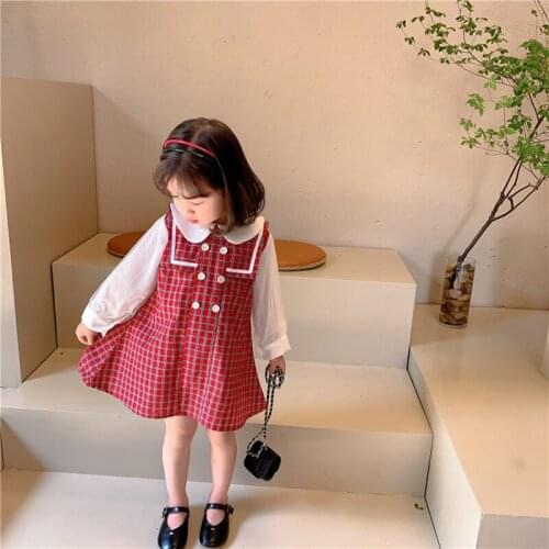 Sweet Baby Girl College Style Dress Spring Autumn Korean Plaid Mesh Sleeve Stitching Dresses 3-7 Years Children Daily Costumes