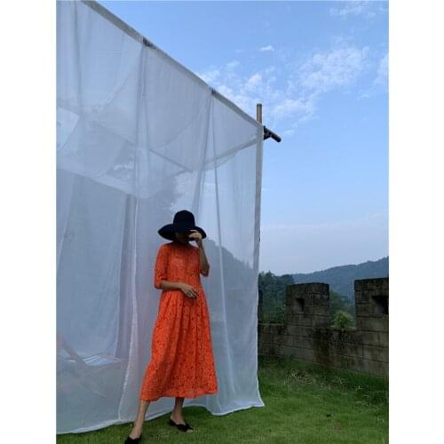 Designers White/Orange Heavy Guipure Lace Mesh Shift Midi Dress Elegant Semi-Sheer Overlay Occasion Dress Pleated Picnic Dress