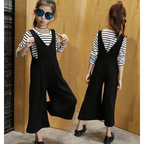 Teenage Girls Clothing Set Autumn Kids Long Sleeve Striped T Shirt Black Jumpsuit Overalls Pants Suit Girls Clothes 8 10 12 Year
