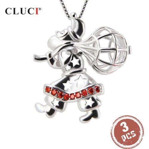 CLUCI 3pcs Silver 925 Santa Claus Shaped Pendant Women 925 Sterling Silver Zircon Wish Pearl Locket Gift for Christmas SC182SB
