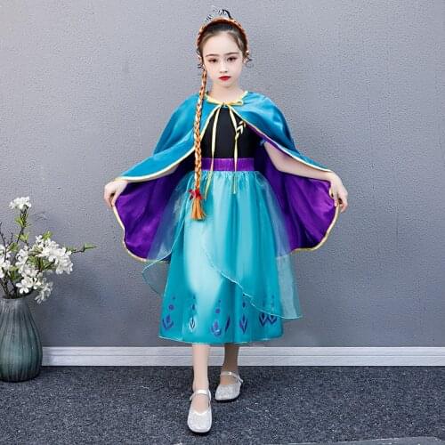New Girl Elsa 2 Anna Princess Costume Snow Queen Dressing Up with Cape for Girl Cosplay Carnival Fancy Party Dresses Kids Dress