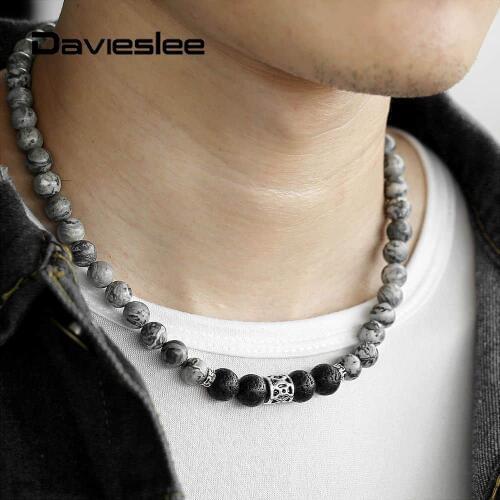 Natural Tiger Eyes Stone Lava Bead Choker Necklace for Men Women Stainless Steel Beaded Charm 18inch Extension Link DNM22