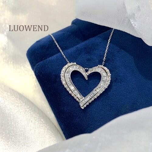 LUOWEND 18K Solid White Gold Pendant Necklace Real Natural Diamond Women Engagement Heart Shape Desgin Necklace
