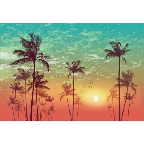 Landscape Backdrop Sunset with Coconut Trees Scenery Party Photography Background Holiday Celebration Photo Booth Studio Decor