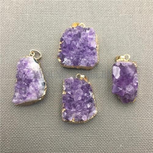 MY0017 Natural Freeform Purple Crystal Druzy Pendant with Gold Electroplated,Crystal Quartz Cluster Pendant