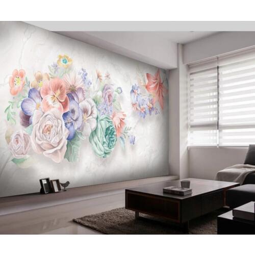 Hand Painted Flower Wall Mural Bedroom Photo Wallpaper Art Wall Decor Contact Paper Marble Background Floral Butterfly Murals