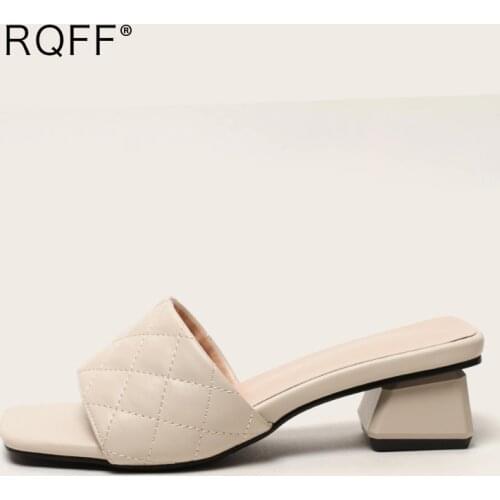 Plus Size 43 Slipper Women 2021 Summer New Peep Toe 4cm Block Heels Mules Shoes High Quality Handmade Beige Khaki Violet Sandals