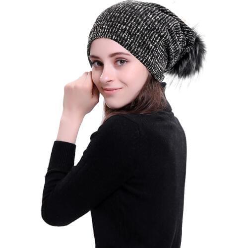 Warm Winter Beanie Unisex Men Women Skull Cap Soft Baggy Knitted Female Slouchy Winter Hat with 15cm Faux Fur Pompom