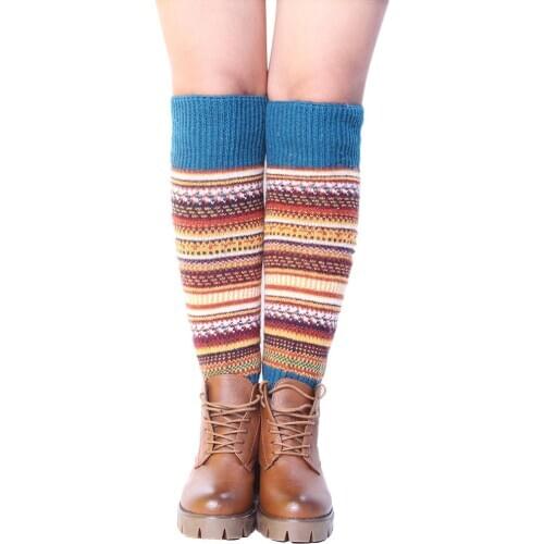 Women Winter Striped Ethnic Boot Socks Knitting Wool Footless Leg Warmers Knee Long Warm Boot Cuffs гетры женские теплые гамаши