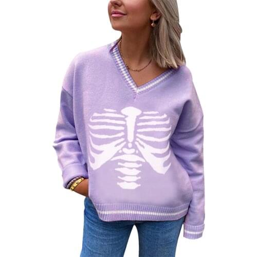 Womens Fashion V Neck Sweaters Classic Long Sleeve Skeleton Print Loose Fit Knitted Tops Loose Pullovers Knittedwear