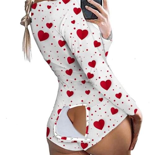 NEW 2021 Heart Print Bodysuits Sexy Women Buttoned Flap Hip Long Sleeve Nightwear Playsuit Pajamas Women One-piece Slim Jumpsuit