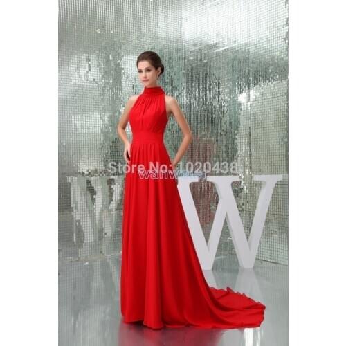 Robe de soiree free shipping highneck vestido de festa new design formal gown Customchiffon red long party evening dress 2016