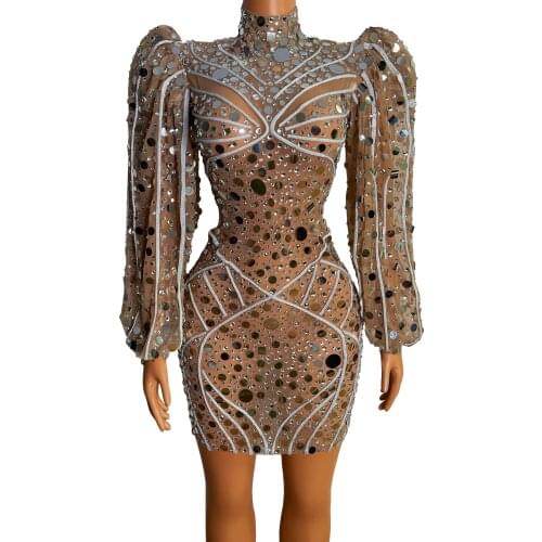 Shiing Silver Sequins Rhinestones Transparent Big Sleeves Dress Birthday Celebrate Outfit Women Dancer Show Wear Prom Dresses