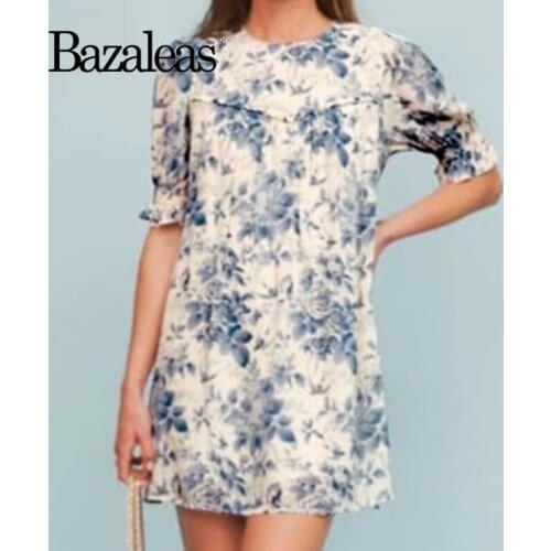 Bazaleas Palace O Neck Women Dress Vintage Big Blue Floral Print Half Sleeve Vestidos