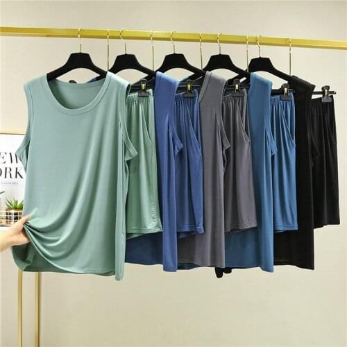 100Kg Pajamas Sets Summer Modal Mens Vest Shorts Sleepwear Solid Color Casual Sleeveless Home Costumes Plus Size 4XL 5XL 6XL