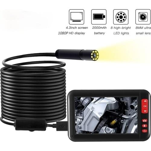 2M/5M/10M 8mm F200 Endoscope Camera HD 1080P with 4.3 Inch Screen Display 2000mAh 8 LED Light Inspection Borescope Camera