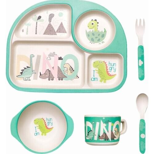 5Pcs/Set Baby Tableware Bamboo Fiber Safety Kids Dinner Plate + Bowl + Cup + Spoon + Fork Cute Cartoon Children Feeding Utensils