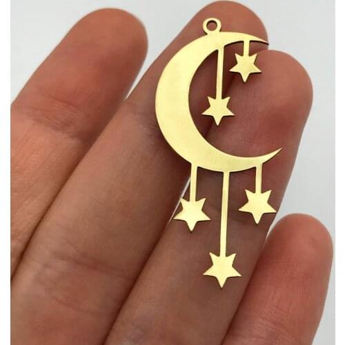 6pcs Raw Brass Crescent Moon and Stars Earring Charm Pendant, Geometric Moon Stars Charm Celestial Earring Findings