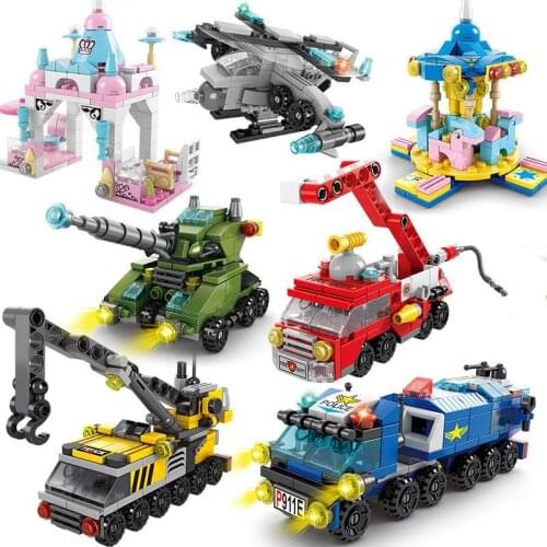 6IN1 City Fire Police Army Engineering Ambulance Street View Girls Building Blocks Tank Helicopter Truck Car Bricks Children Toy