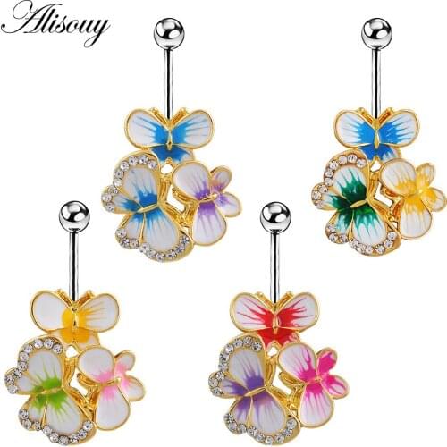 Alisouy 1pc Cute Enamel Butterfly Belly Button Ring Stainless Steel navel Body Jewelry Piercings Navel Rings Girls Ombligo