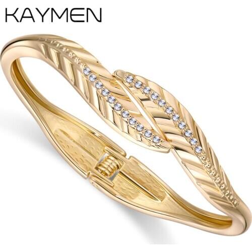 KAYMEN New Double Leaves Cuff Bracelet Statement Bangle Inlaid CZ Diamands Gold-Plating Fashion Women Bangle For Wedding Party