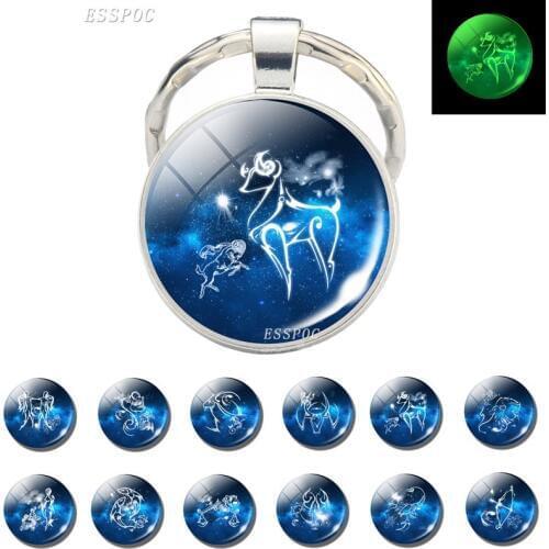 12 Constellation Luminous Key Chains Glass Cabochon Pendant Zodiac Sign Key Rings Holder Birthday Gift Glow In The Dark