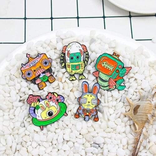 Alien Robot Brooches UFO Flying saucer Animal Robot Crocodile Rabbit Fish Cosmic Adventure Badges Jewelry for Women Wholesale