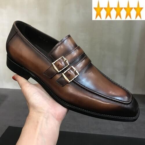Business Vintage Handmade Formal Mens Office Buckle Slip On Derby Bridegroom Wedding Cow Genuine Leather Dress Shoes