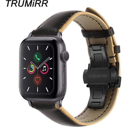 Double Color Genuine Leather Band for iWatch Apple Watch 38mm 40mm 42mm 44mm Series 5 4 3 2 1 Watchband Butterfly Buckle Strap