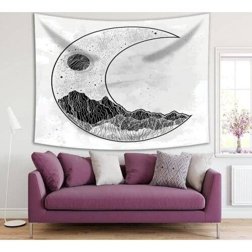 Tapestry Mountains Full Moon and Stars Night Sky in Crescent Shape Mystic Artwork Printed Black White