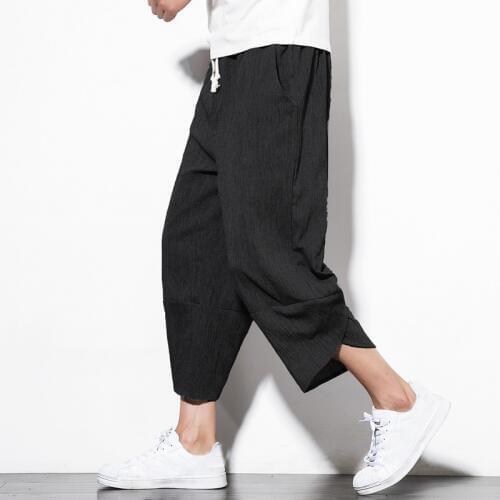 #8082 Summer Thin Retro Plus Size Cotton Linen Wide Leg Trousers Elastic Waist Calf-length Loose Casual Vintage Trousers Joggers