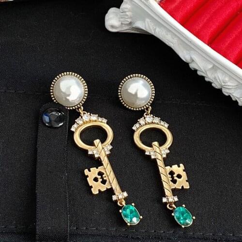 Hot Brand Fashion Jewelry Womens Key Earrings Pearl Vintage Steampunk Design Brass and Turquoise Exquisite Party Earrings, Gift