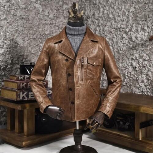 2020 mens vintage oil wax cow lapel short motorcycle jacket single breasted brown biker leather coat for male