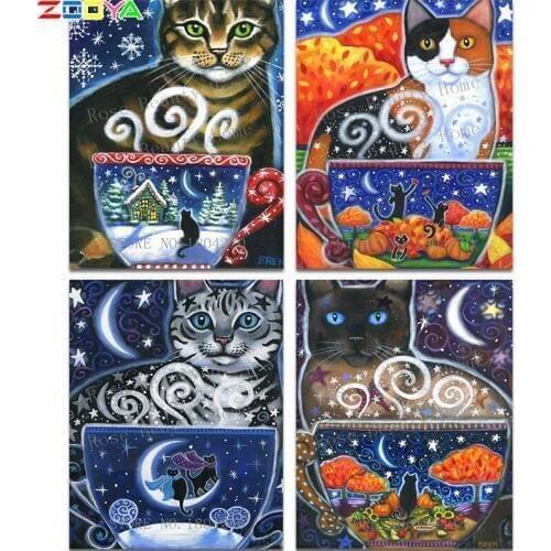 New 5D DIY Diamond Painting Cartoon Cat &Cup Sets Diamond Embroidery Cross Stitch Square Drill Full Diamond Home Decoration F563