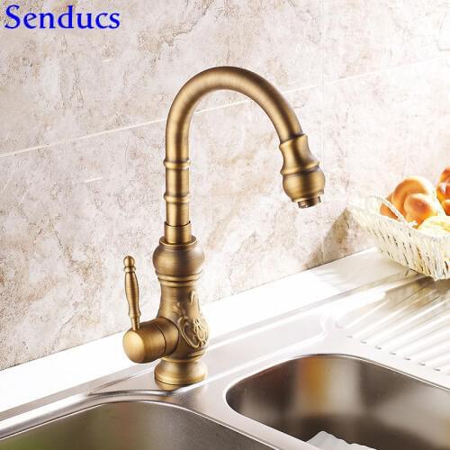 Senducs Luxury Antique Kitchen Mixer Tap Deck Mounted Antique Bathroom Basin Faucet Single Lever Brass Kitchen Sink Faucet