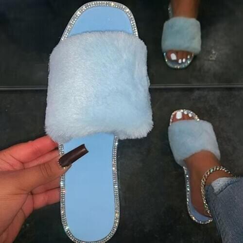 Women Fur Slides Outdoor Flat with Ladies Slippers Bling Crystal Fashion Square Toe Furry Women Shoes Solid Flip Flops