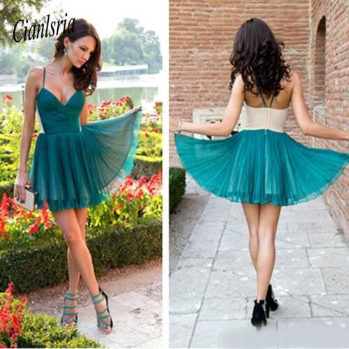 Dark Green Homecoming Dress Sexy V-Neck Spaghetti Strap Homecoming Dress Short Cocktail Dress