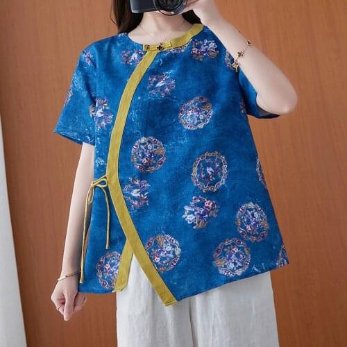 Chinese Style Womens Tops National Hanfu Ramie Summer New Printed Lace Up Short Sleeve Linen Frog Button Retro Shirt Streetwear