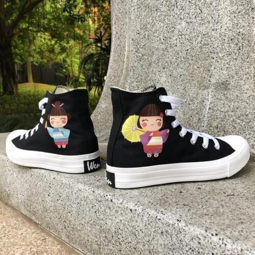 Wen High Top All-match Black White Skate Shoes Japanese Dolls Designs Canvas Sneakers Women Girls Plimsolls Flat Birthday Gift